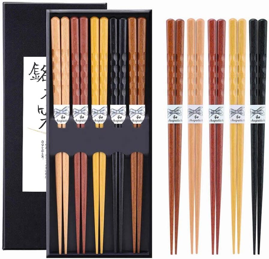 10-Pairs Set of Wooden Chopstick - Reusable Chopsticks and Minimalism Japanese Chopsticks Non-slip Design 8.8 Inch / 22.5 cm Gift Set