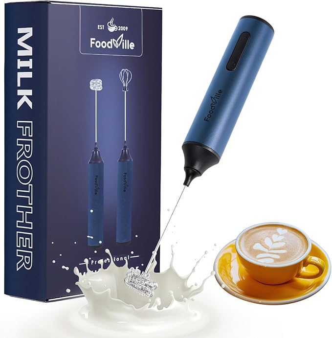 FoodVille MF05 Rechargeable Milk Frother USB Charging Handheld Foam Maker with Stainless Balloon Whisk for Cappuccino, Latte, Bulletproof Coffee, Keto Diet, Protein Powder, Matcha (Navy Blue)