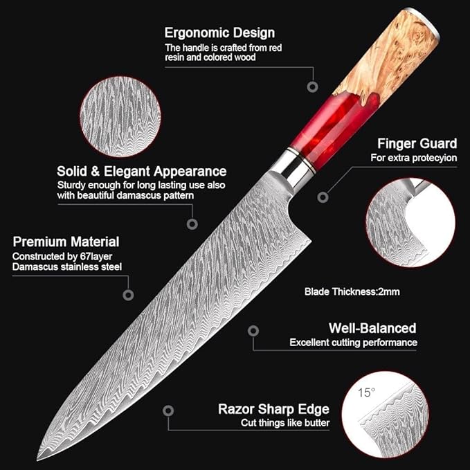 Epicurean Cook Tidal Collection 8 PCS Damascus Knife Set: Japanese Kitchen Knives in an Elegant Box with Red Resin and Burl Wood handles with VG10 Steel Core Ultra-Sharp Professional Chef Knife Set!