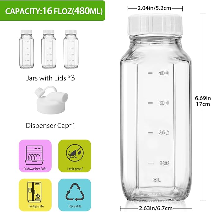 CUCUMI Glass Juice Bottles with Lids, 3 Pack Clear Glass Water Bottles with 1 Pour Spouts, 16 Oz Reusable Milk Jug with Airtight Caps and Scale for Juicing Containers