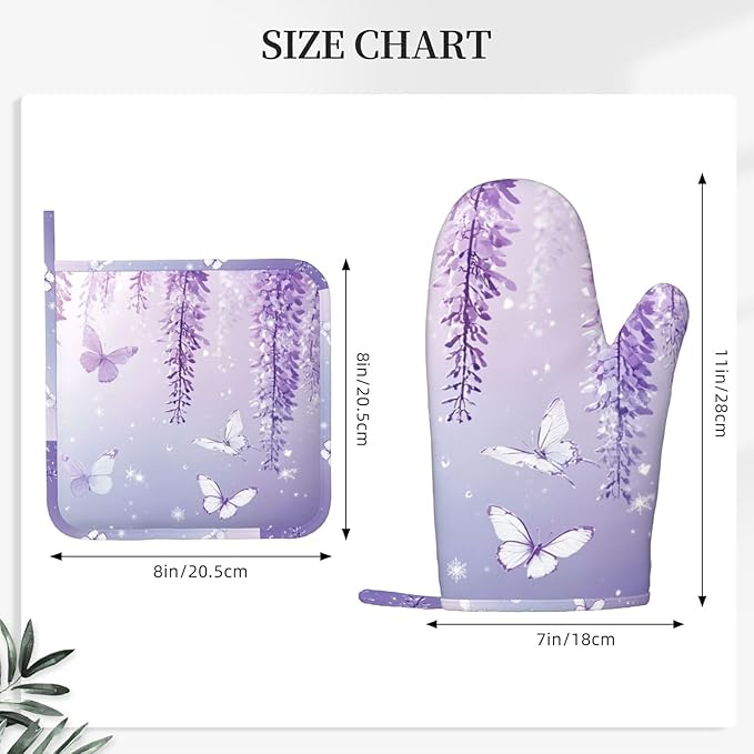 Oven Mitts and Pot Holders Lavender Butterfly Light Purple Flower Silicone Kitchen Accessories Set of 4 Heat Resistant Long Gloves Potholder Non-Slip Grip for Chef Cooking Baking Grilling BBQ