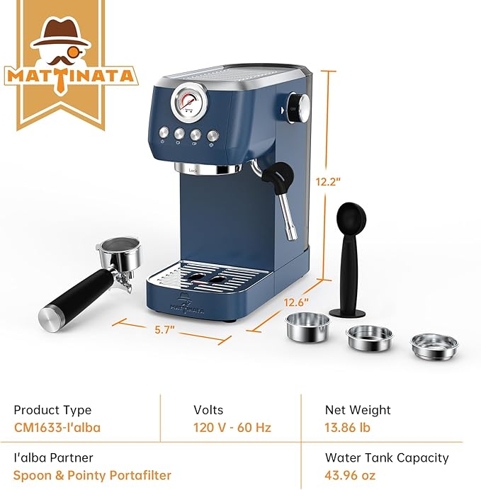 MAttinata Espresso Machine 20 Bar, Espresso Coffee Maker with Professional Milk Frother Steam Wand for Cappuccino & Latte, 49oz Removable Water Tank for Home, Blue