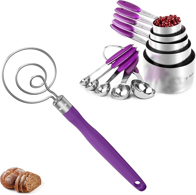 U-Taste 18/8 Stainless Steel Measuring Cups and Spoons Set of 10 and 12.6in Stainless Steel Danish Dough Whisk (Purple)