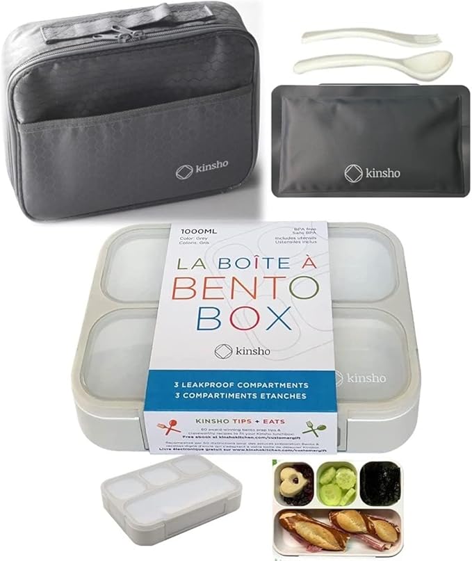 kinsho Lunch Boxes for Boys Teens Adults - Bento Box Set with Insulated Bag and Ice Pack, 4 Compartment Leak Proof Food Container, BPA-Free, Microwave Safe, Ideal for School & Work, Grey