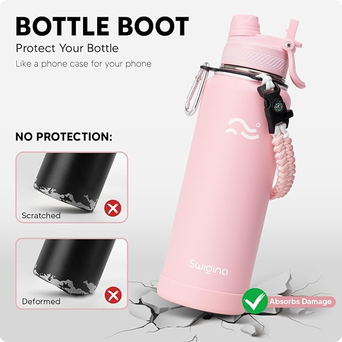 Swigina [2-IN-1 LID] Insulated Water Bottle with Silicone Boot (36hrs Cold/18hrs Hot) - DIY Stickers, Leakproof, BPA Free, 40 oz