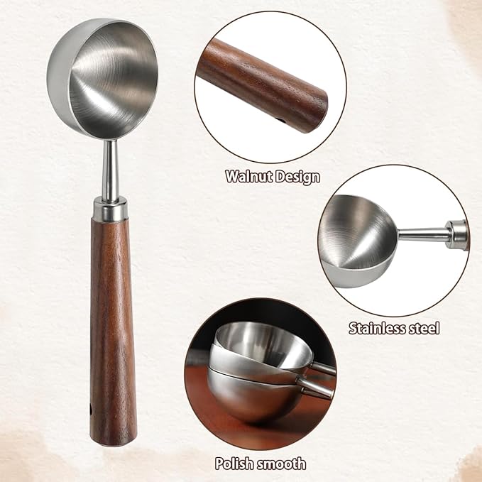 2 PCS Coffee Scoop Vintage Coffee Measuring Spoons Stainless Steel Coffees Spoon With Nature Walnut wood Handle Long Wooden Handle Coffees Scoop Kitchen Utensil Loose Tea Spoons Perfect for Coffee Tea