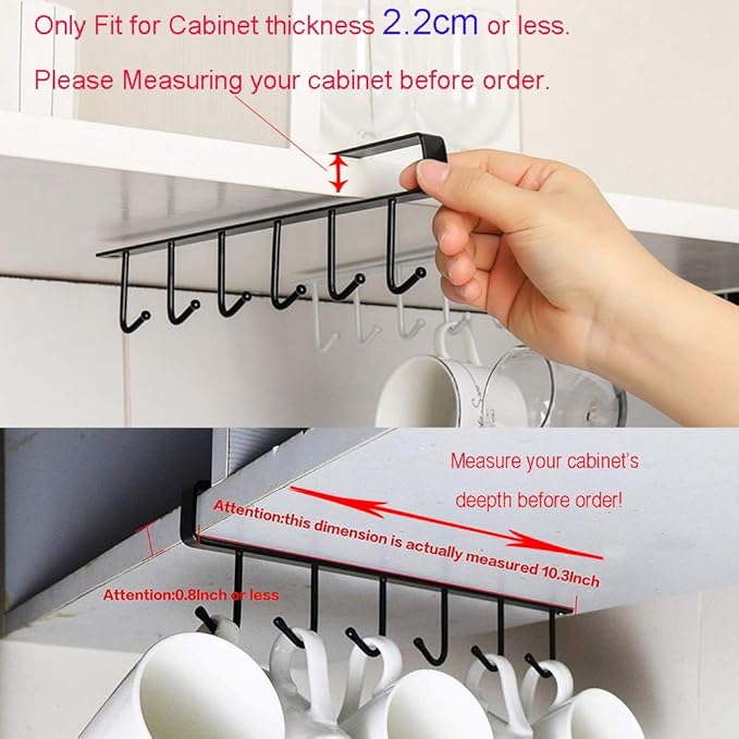 AliCH 2pcs Mug Hooks Under Cabinet Mug Holder Rack,Nail Free Adhesive Coffee Cups Holder Hanger for Cups/Kitchen Utensils/Ties Belts/Scarf/Keys Storage, Fit for 0.8inch Thickness Shelf or Less (Black)