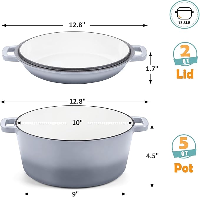 TeamFar 5 Quart Enameled Cast Iron Dutch Oven, 2-In-1 Dutch Oven Pot Cookware with Skillet Lid for Bread Baking Braising Stewing Roasting, Sturdy & Nonstick, Oven Safe & Fit for Induction (Grey)