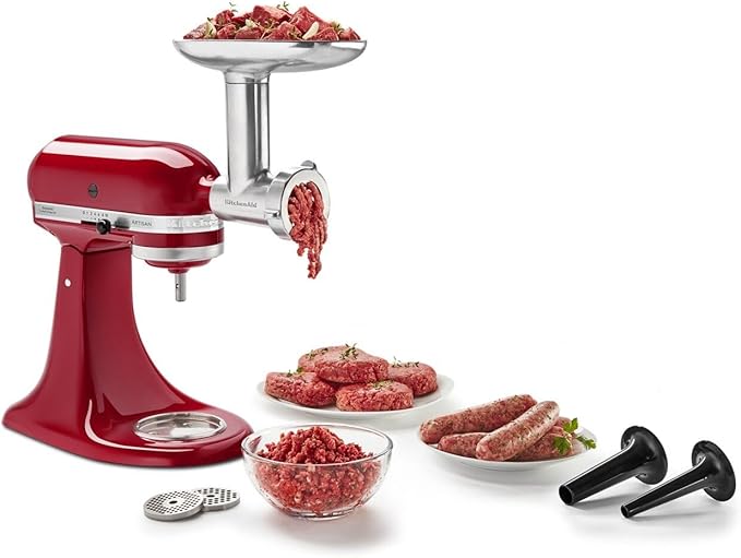 KitchenAid® 7 Quart Bowl-Lift Stand Mixer, Candy Apple Red & KSMMGA Metal Food Grinder Attachment, Silver