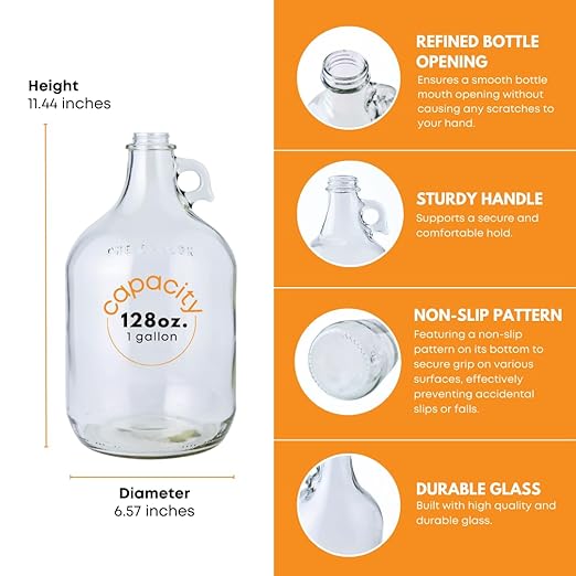 Fastrack 16-Pack 1 Gallon Glass Jug (128 oz) w/16 38mm Black Metal Screw Cap – Multipurpose 1 Gallon Jug, & Detergent Dispenser for Laundry, Glass Jar for Liquids, Water & Juice