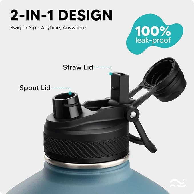 Swigina [2-IN-1 LID] Gallon Insulated Water Bottle with Silicone Boot (48hrs Cold/24hrs Hot) - DIY Stickers, Leakproof, BPA Free, 128 oz