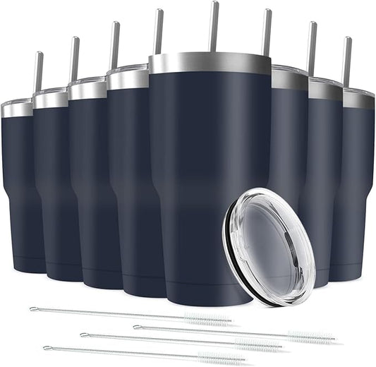 30oz Tumbler Vacuum Insulated Travel Mug with Lids, Stainless Steel Double Wall Bulk Cup for Home, Office, Outdoor Suitable for Vehicle Cup Holders(Set of 8, Navy)