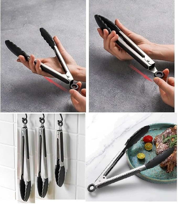 Kitchen Tongs for Cooking Locking Silicone Stainless Steel Buffet Serving Tongs, 7,9 and 12 Inch Silicone Spatula Non-stick,Heat Resistant 4 Pack