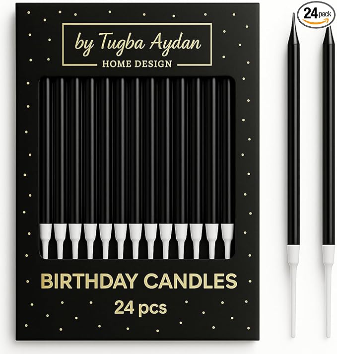 by Tugba Aydan - Black Birthday Candles-24 Count Long Thin Black Birthday Candles for Cake, Metallic Cake Candle for Birthday, Party Candles