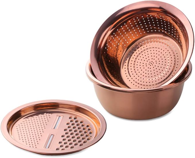 3-In-1 Multifunctional Grater Basin Colander Strainer Set, Mingcheng Stainless Steel Kitchen Grater/Drain Basket/Bottom Basin for Washing Rice, Fruits, Vegetable, Grater with Container (Rose Gold)