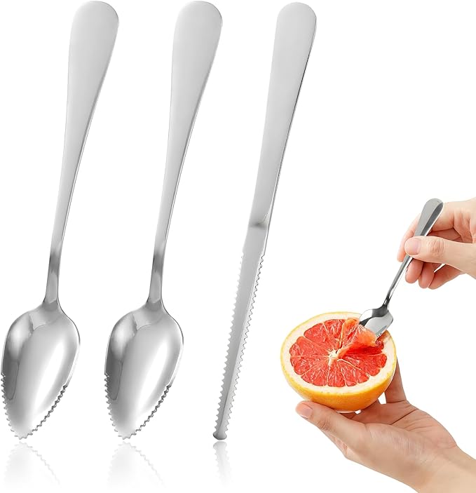 Grapefruit Spoon & Knife Set,Stainless Steel Grapefruit Spoon Utensil With Serrated Edge,Silver Kitchen Tool,Multi-Use for Citrus, Kiwi,Dessert, Avocado & More (3 PCS)