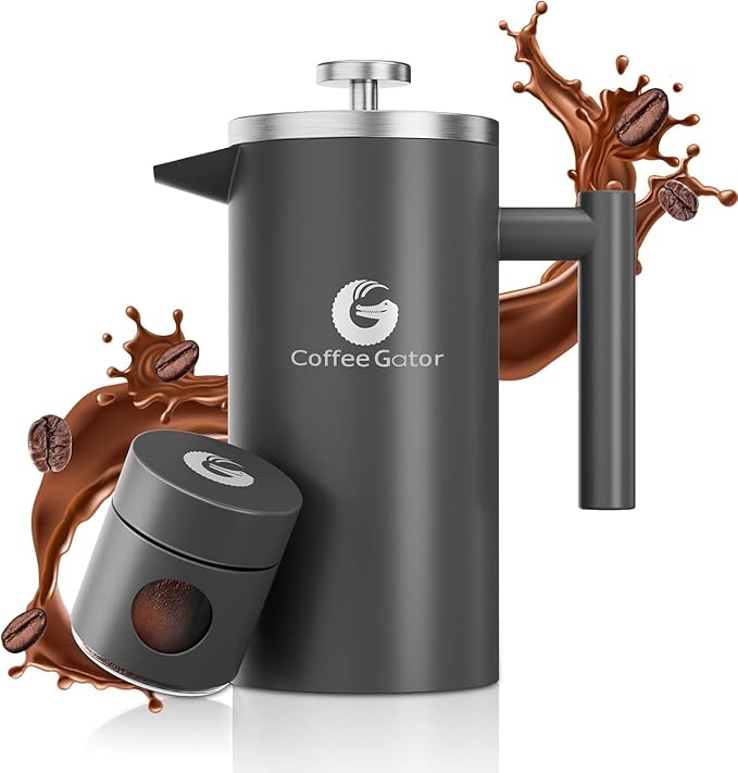 Coffee Gator French Press 34oz Gray and Gooseneck Kettle 40oz Stainless Steel for Pour Over