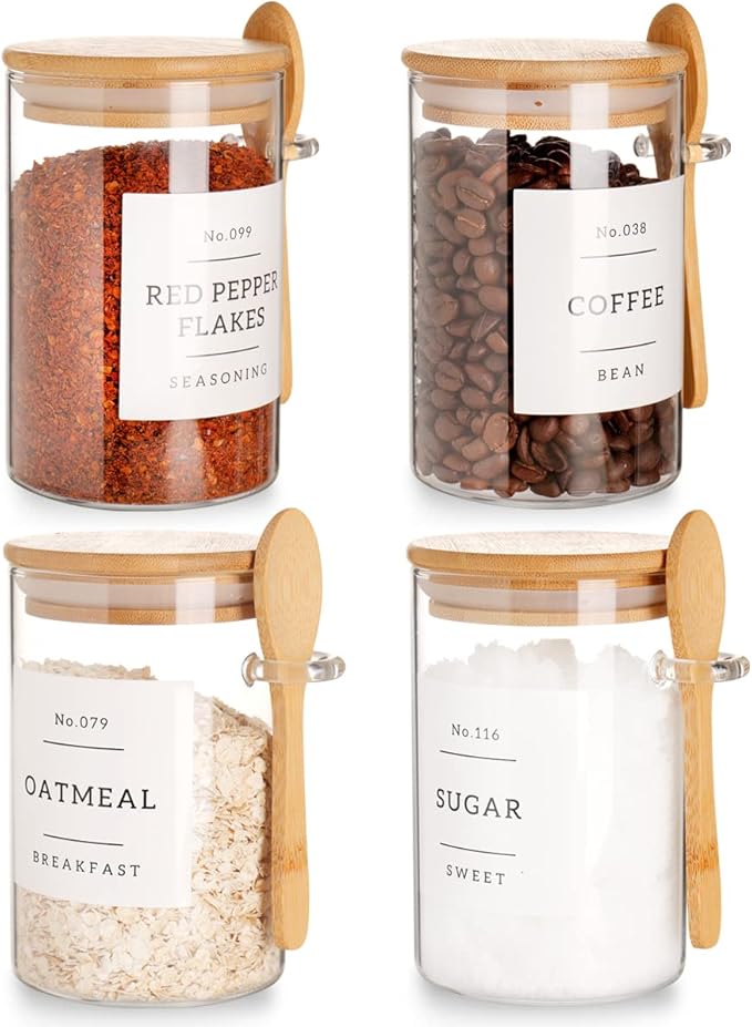 CZZGSM Glass Jar with Bamboo Lid and Spoon - 4 Pcs 17 oz Sugar Container with 132 Food Pantry Labels - Glass Containers with Wooden Lids Hold Coffee, Tea, Candy