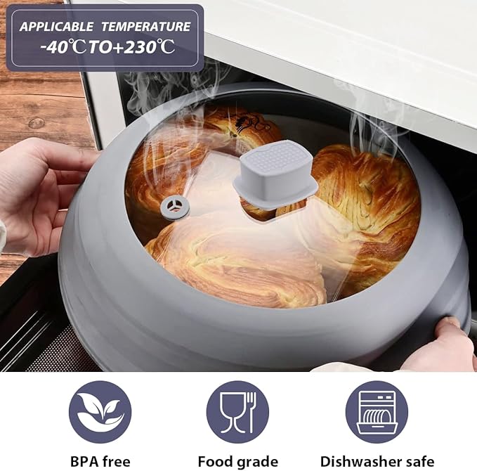 Tall Microwave Splatter Cover Glass Cover Guard Lid 5.8 inch Height with Collapsible Silicone for Food Pot Plate 8.5 inch Light Grey