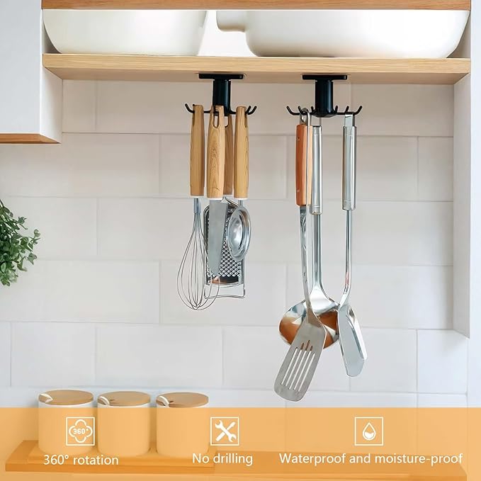 2PCS Under Cabinet Hooks for Kitchen Utensils, 360° Rotating Utility Hooks, Space-Saving Adhesive Kitchen Storage Rack for Hanging Tools and Utensils, Durable and Easy Installation (Black)