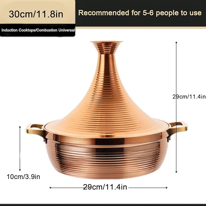 Stainless Steel Moroccan Tagine Pot, Large Moroccan Tajine Casserole with Cone-Shaped Lid, Non Stick Tagine Cooking Pot with 2 Handles(30cm/11.8in, Gold)