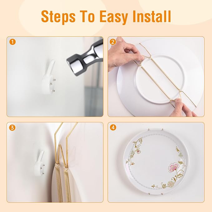Plate Hangers for The Wall, Suitable for 6-8 inch Decorative Plate, Stainless Steel Wire Plate Holder with Wall Hooks and Rubber tip Protectors, Plate Hangers for Displaying Plates, Platter, Gold