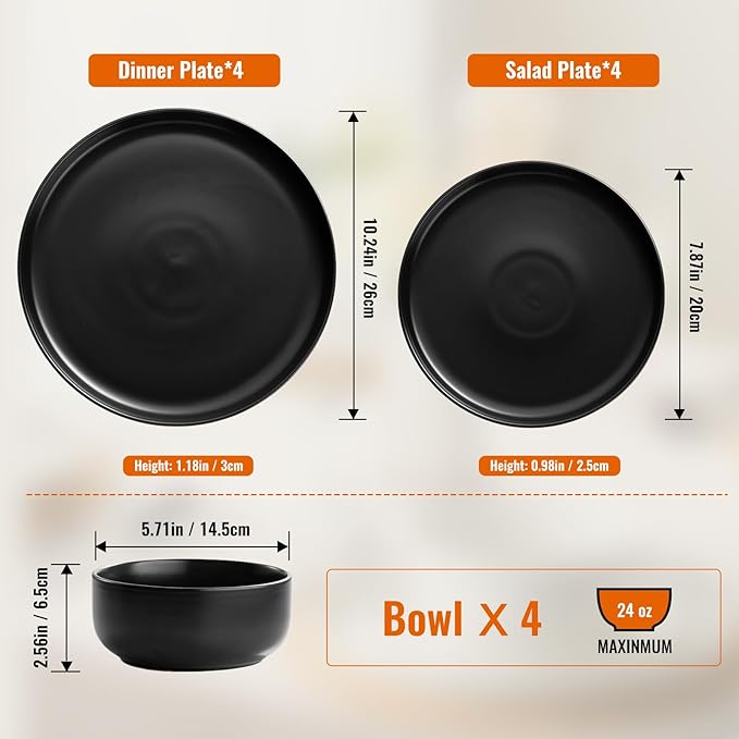 EWFEN Plates and Bowls Sets, 12 Pieces Ceramic Dinnerware Set for 4, Stoneware Dishware Dishes Set, Scratch Resistant Dishes Set, Dishwasher & Microwave Safe, Black