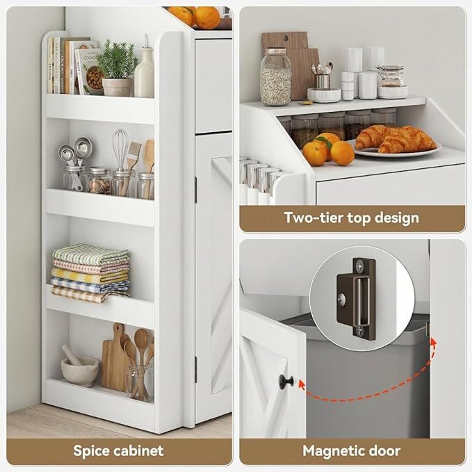 Trash Bin Cabinet, 10-Gallon Freestanding Waste Bin with Flip Door and Storage Rack, Indoor Wooden Hidden Garbage Cabinet, for Kitchen, Dinning, White