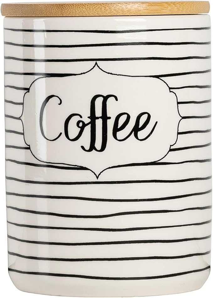 10 Strawberry Street Labeled Ceramic Kitchen Canister Set, Set of 3, Coffee Sugar Flour, White/Black, Bamboo Lids