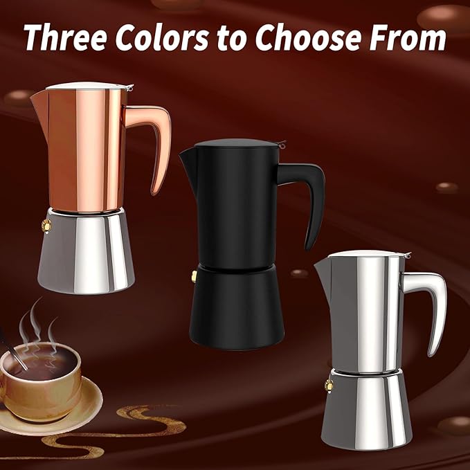Stainless Steel Moka Pot Espresso Maker 6 Cups (10oz/300ml) - Italian Stovetop Coffee Maker for Gas & Induction Cooktops, Camping & Home Use, Durable Coffee Pot, Brown