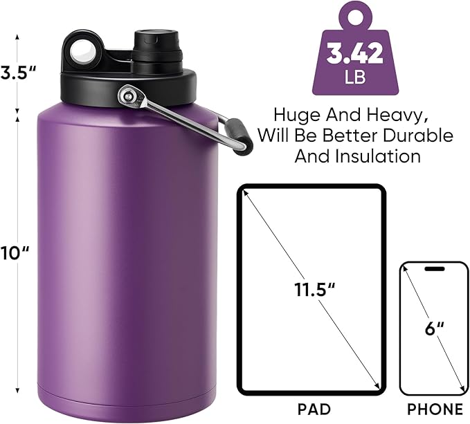 Kerilyn Insulated Gallon Jug with Handle, One Gallon, 128oz Stainless Steel, Large Double Vacuum Water Bottle for Hot & Cold Drinks, Wide Mouth, Sweat Proof, Great for Travel, Camping, Dark Purple
