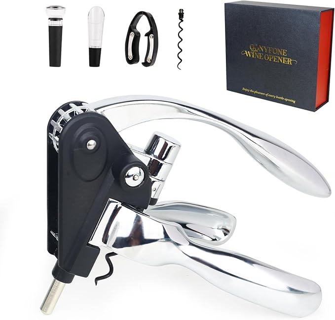 Rabbit Wine Opener Set with Luxury Gift Box, 5-Piece Gift Kit Includes Corkscrew, Foil Cutter, Bottle Stopper, Wine Pourer, Easy Cork Removal, Perfect for Wine Lovers (Moonlight Silver)