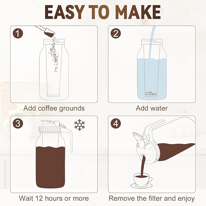 OneDream Cold Brew Coffee Maker, 2 Pack 64oz Stainless Steel Filter Cold Brew Pitcher Jar, No Leaks Cold Brew Mason Jar Coffee Maker, Easy to Clean Cold Coffee Maker