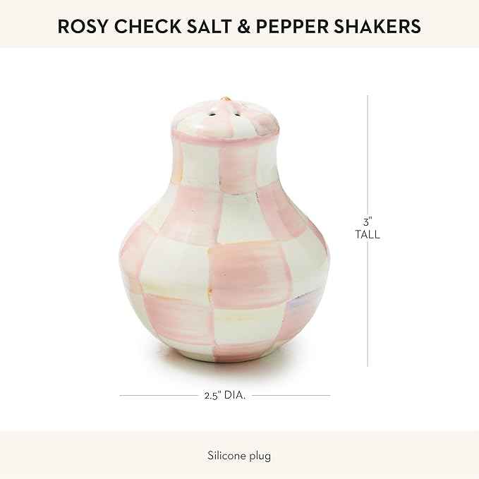 MACKENZIE-CHILDS Enamel Salt and Pepper Shakers, Kitchen Table Accessories, Pink-and-White Rosy Check