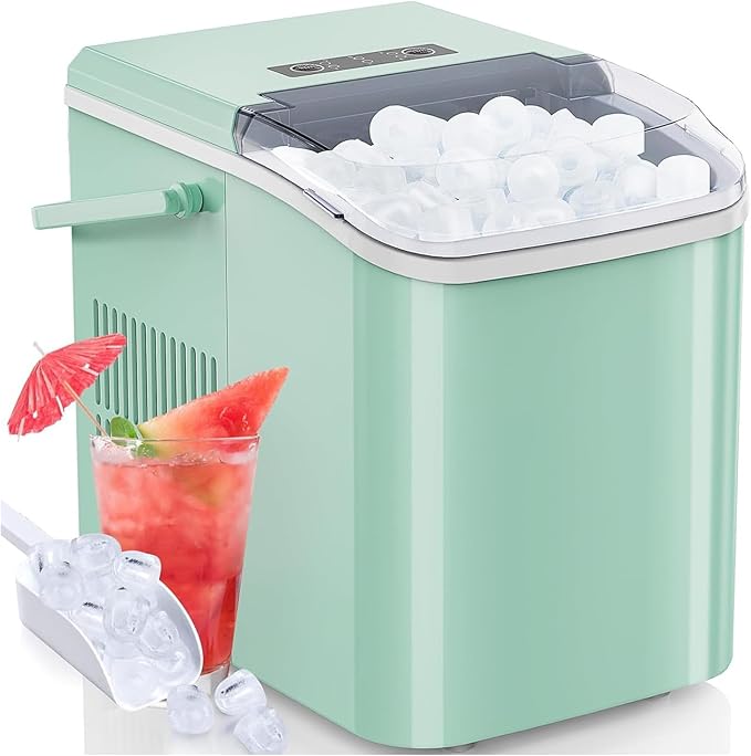 DUMOS Ice Makers Countertop with Handle Ice Machine, Fast in 6 Mins, 26lbs in 24 Hours, Quiet Self-Cleaning, Compact Size Portable for Home, Kitchen, RV, Camping,Modern Green