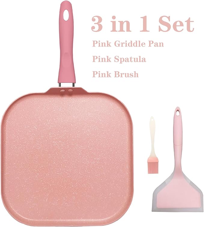Square Griddle Pan for Stove Top Nonstick, Flat Pan with Spatula & Brush, 11"X 11" Pink