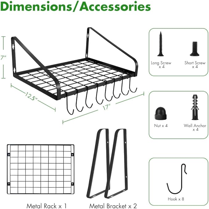 Felibeaco Hanging Pots & Pans Rack,Wall Mounted Pots Pans Organizer Holder Rack with 8 Hooks, Kitchen Wall Storage Organizer Hanger Shelves for Pans Set, Utensils, Cookware, Books, Household,Black
