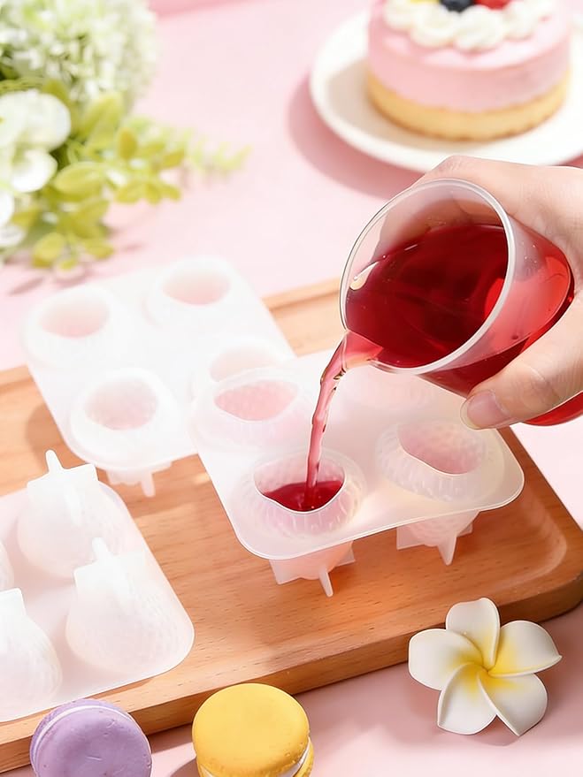4 Cavity Strawberry Silicone Mold – 2 Pieces Big Strawberry Silicone Fruit Mold for Chocolate, Fondant, Candle, Resin & Cake Decor, 3D DIY Baking Tool for Parties & Gifts (Big Strawberries)