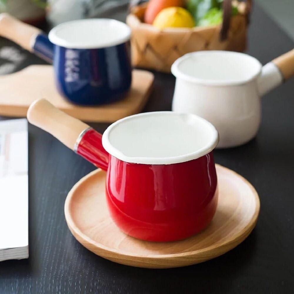 Mini Enamel Milk Pot 4 Inch 17 Oz Dual spout with Wooden Handle, Small Sauce Pan Perfect Size for Heating Smaller Liquid Portions (Red）