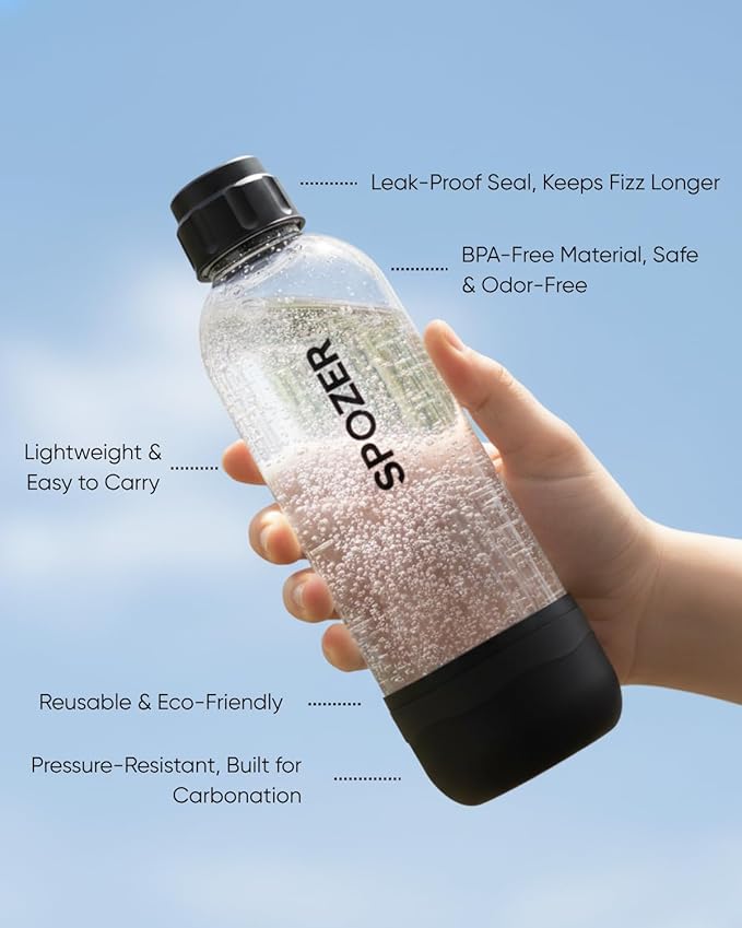 SPOZER 1L Soda Carbonating Bottles – BPA-Free Reusable Sparkling Water Bottles, Leakproof & Airtight, Ideal for Home Kitchen & Parties - 1 Pack