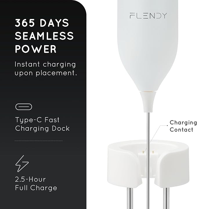 Flendy Rechargeable Milk Frother Handheld, Coffee Frother Handheld with USB-C Charging Stand, Electric Drink Mixer Handheld, Mini Electric Whisk Frother for Coffee, Matcha, etc