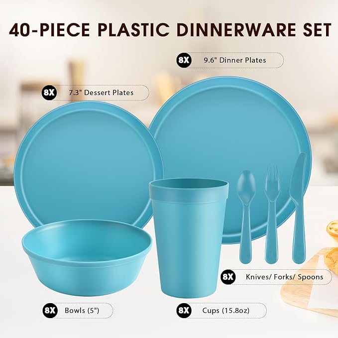 40 Piece Plastic Dinnerware Set for 8 with Cutlery, Unbreakable Plates and Bowls Set, Dishwasher & Microwave Safe Reusable Dish Set for Camping, RV, Outdoor Kitchen, Apartment Dining, Teal
