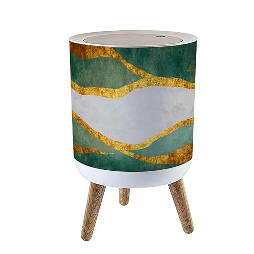 Trash Can with Lid 3d abstract marble green gray marble golden shapes for home living Press Top Round Small Garbage Bin with Wooden Legs Waste Basket for Kitchen Bedroom Nursery 7L/1.8 Gallon