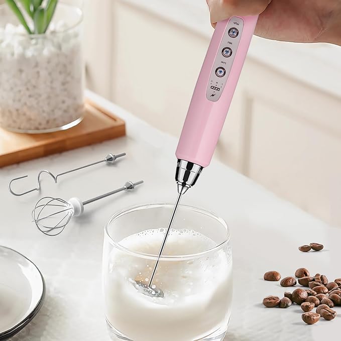 Sakgos Milk Frother Rechargeable Handheld - Electric Whisk 3 Speed Adjustable, Coffee Frother Wand with 3 Stainless Whisks, Electric Foam Maker, Drink Mixer Blender for Latte Cappuccino Matcha Egg