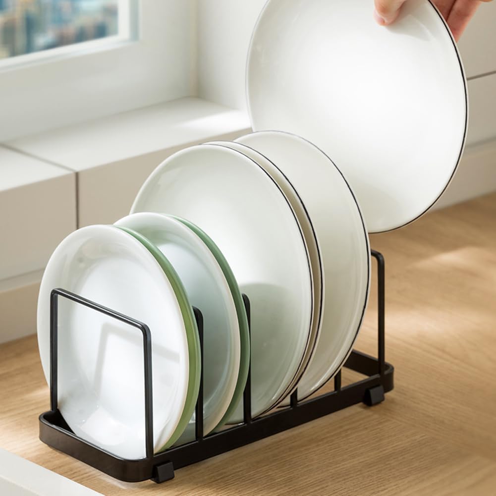 Plate Home Accented Storage Rack, Metal Dish Rack, Plate and Bowl Organizer for Kitchen Cabinets (Black)
