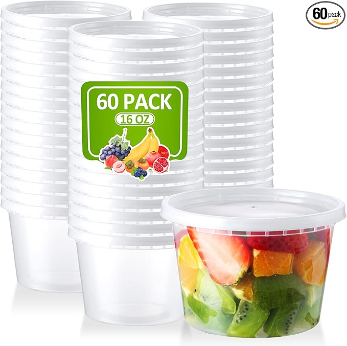 NEEBAKE 16 Oz Deli-Containers-with-Lids - 60 Set Plastic Food-Storage-Containers-with-Lids, Microwaveable & Freezer Safe To-Go-Containers, Leak-proof Soup Overnight Oats Meal-Prep-Containers