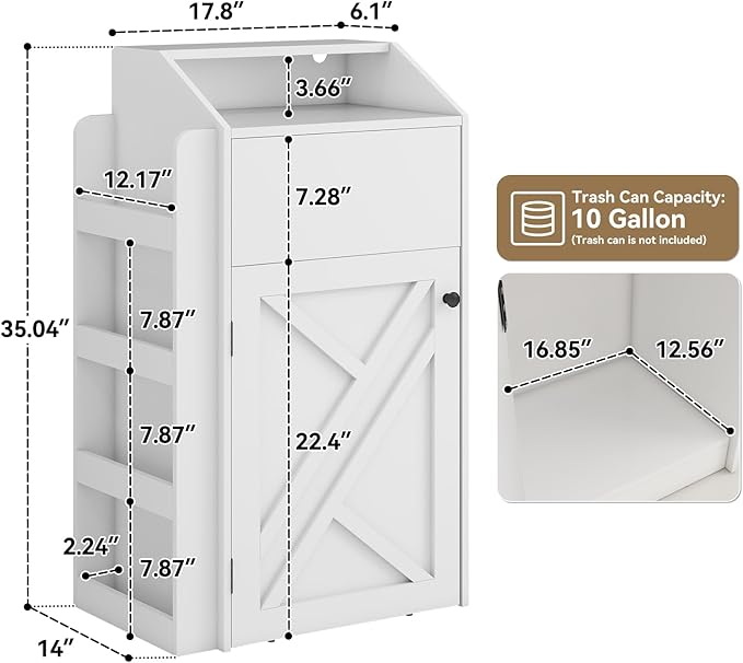 Trash Bin Cabinet, 10-Gallon Freestanding Waste Bin with Flip Door and Storage Rack, Indoor Wooden Hidden Garbage Cabinet, for Kitchen, Dinning, White