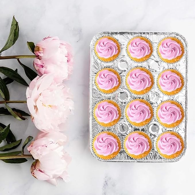 PARTY BARGAINS 12-Cup Aluminum Mini-Muffin Pans - 20 Pack, Mini-Cupcake Pans, Disposable Tin for Baking (Max 240°C)