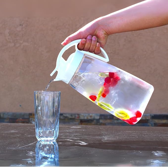 Water Pitcher with Lid for Fridge, Slim 74 oz (2.3 qt) Beverage Airtight Pitcher for Drinks, Tea Jug with Easy Pour Spout, Space Saving Refrigerator Container, BPA-Free SAN Plastic, Made in Japan