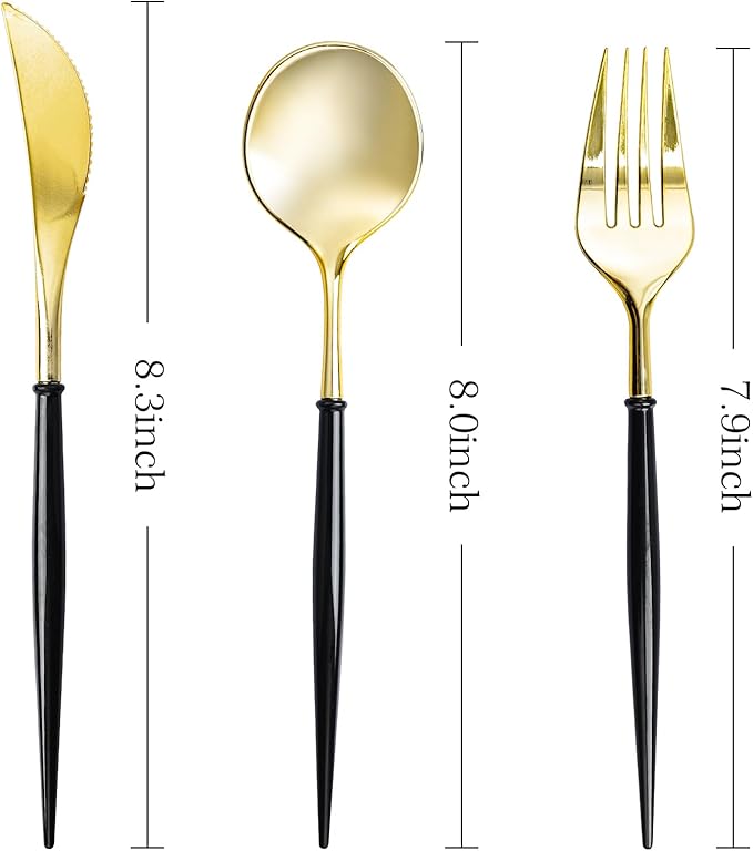 N9R 150Pcs Gold Plastic Silverware - Gold Disposable Cutlery Set with Black Handles with 50 Forks, 50 Spoons and 50 Knives - Perfect for Parties,Halloween, Birthdays, Wedding and Everyday Use